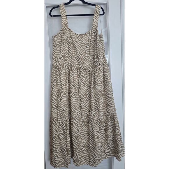 Women's Cactus + Pearl Linen Blend Zebra Pattern Tiered Ruffled Tank Dress Tan C - Picture 1 of 9